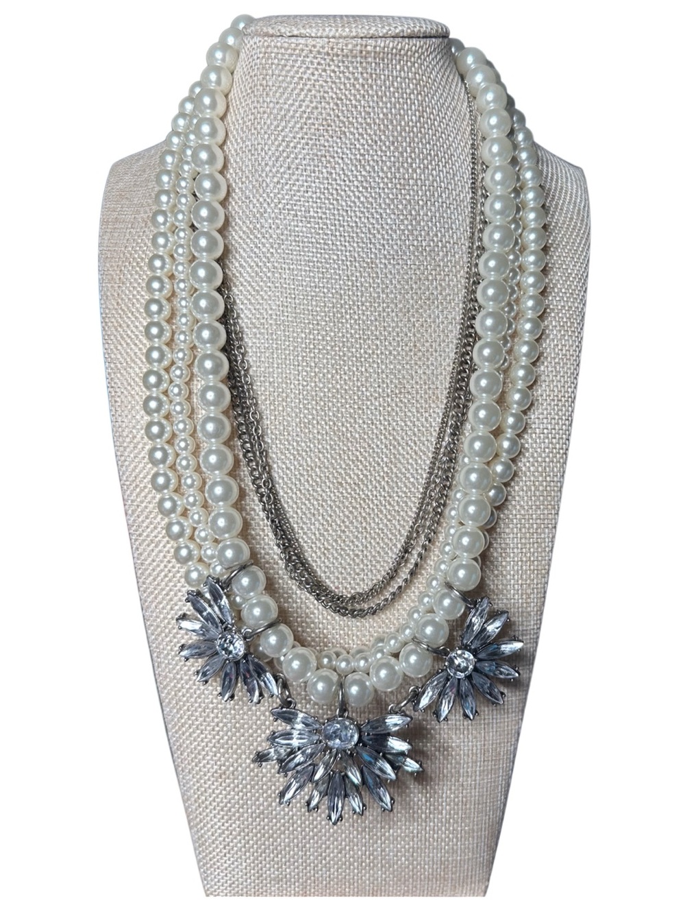Pearl Layered Statement Necklace with Crystal Flower Accents